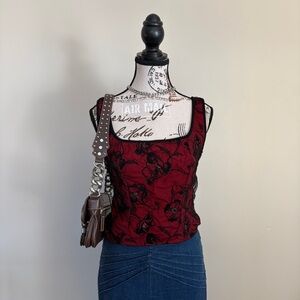 Cartise vintage red mesh embroidered sleeveless vampire goth top